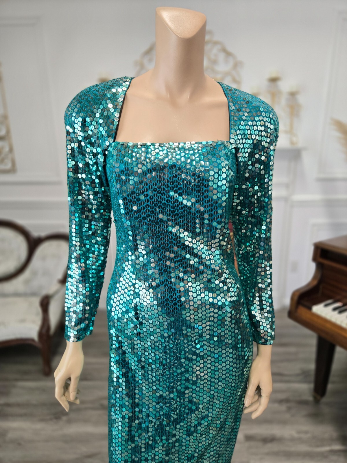 Lillie Rubin Vintage 80s Teal Sequin Pageant Prom Party Formal Dress sz 10