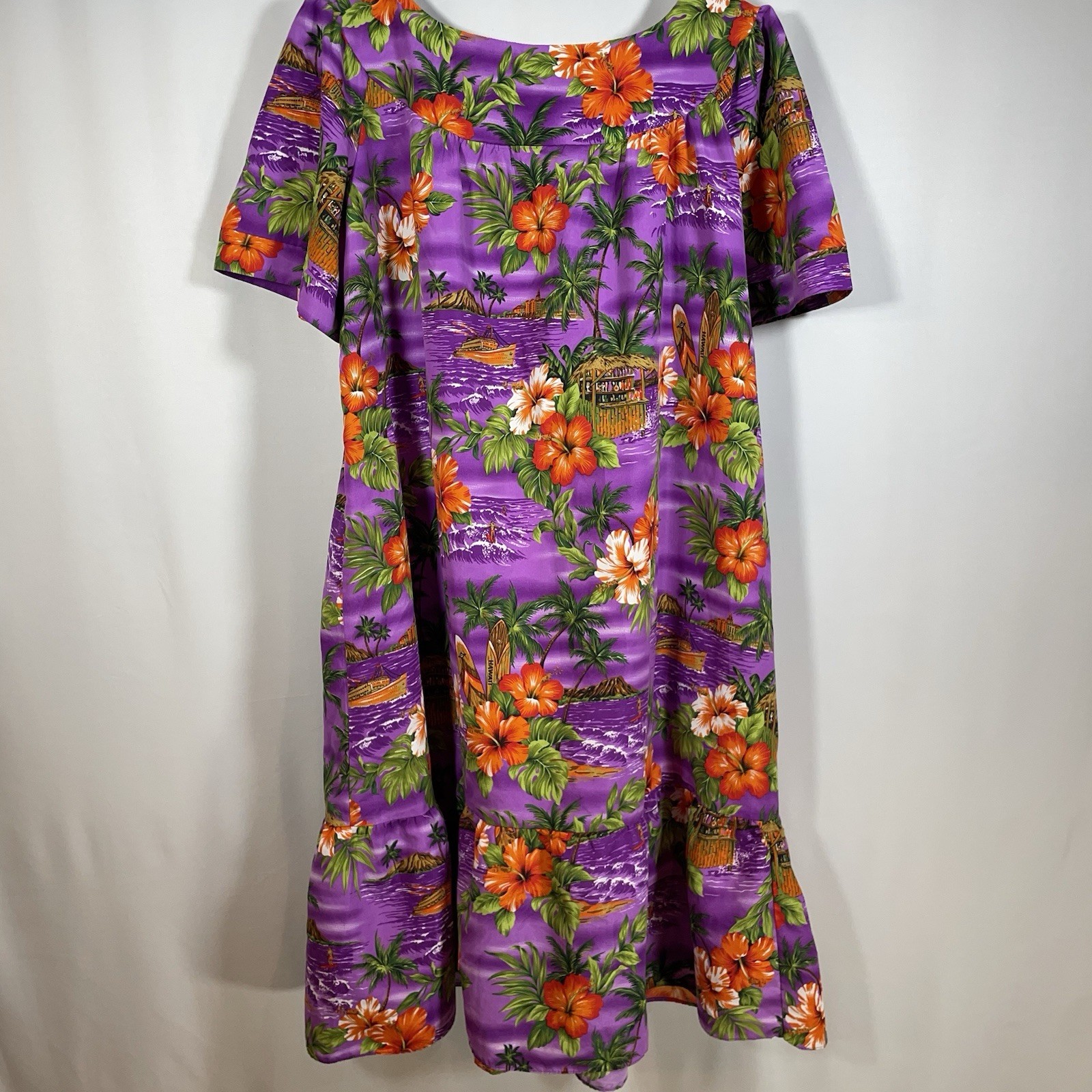 Vtg Hawaiian Naupaka Hawaii Dress XL Purple Floral Hibiscus Tropical Tiki