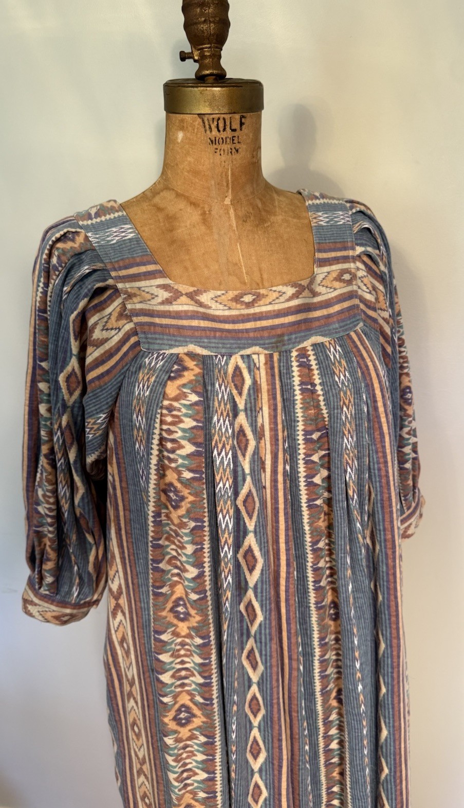 Vintage Ruth Norman Muumuu Dress Puff Sleeves Southwest Aztec Soft Fits S-M