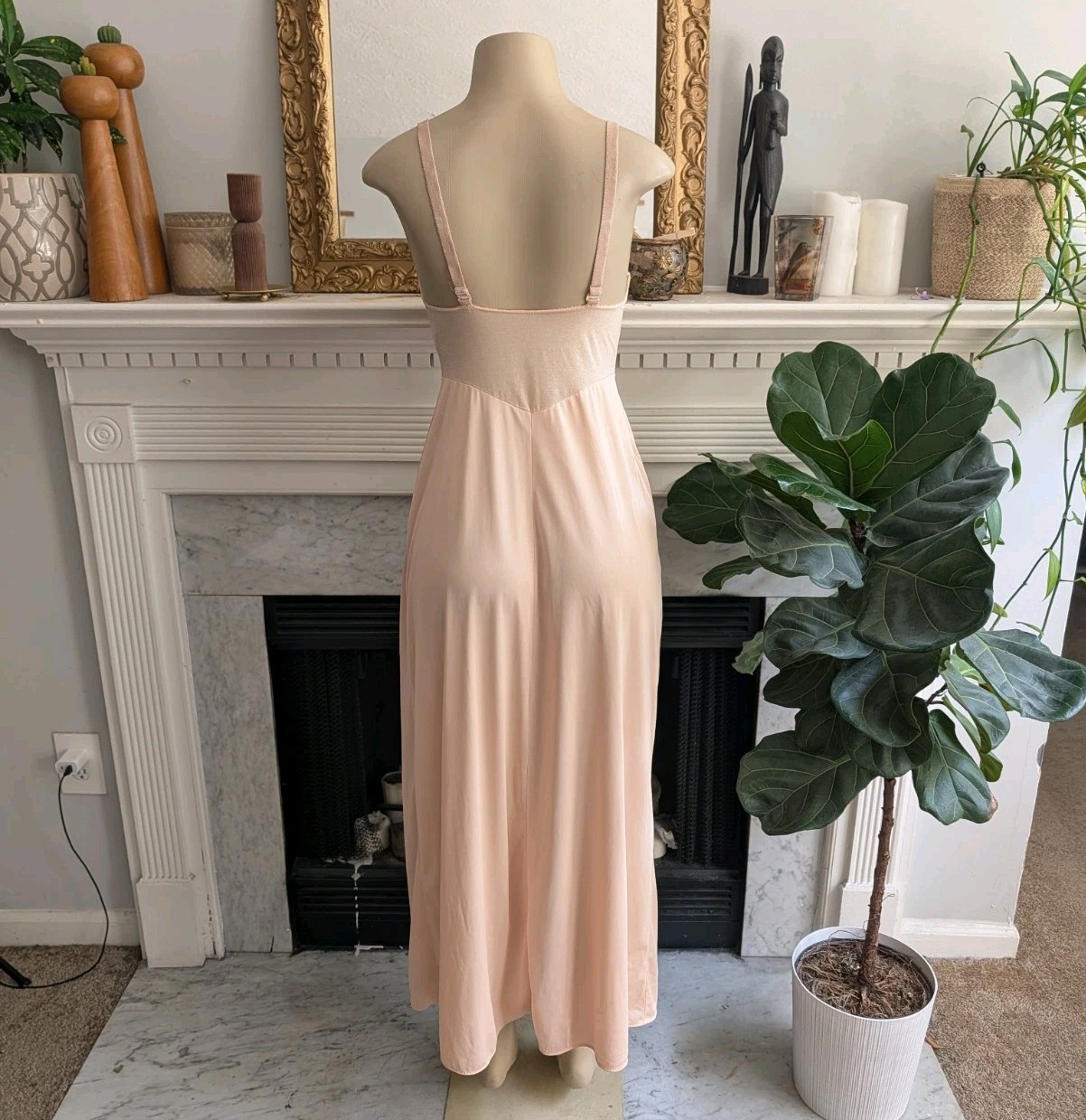Vintage 80s Glydons Blush Nude Full Slip Dress Antron Nylon Lycra 36 Sheer