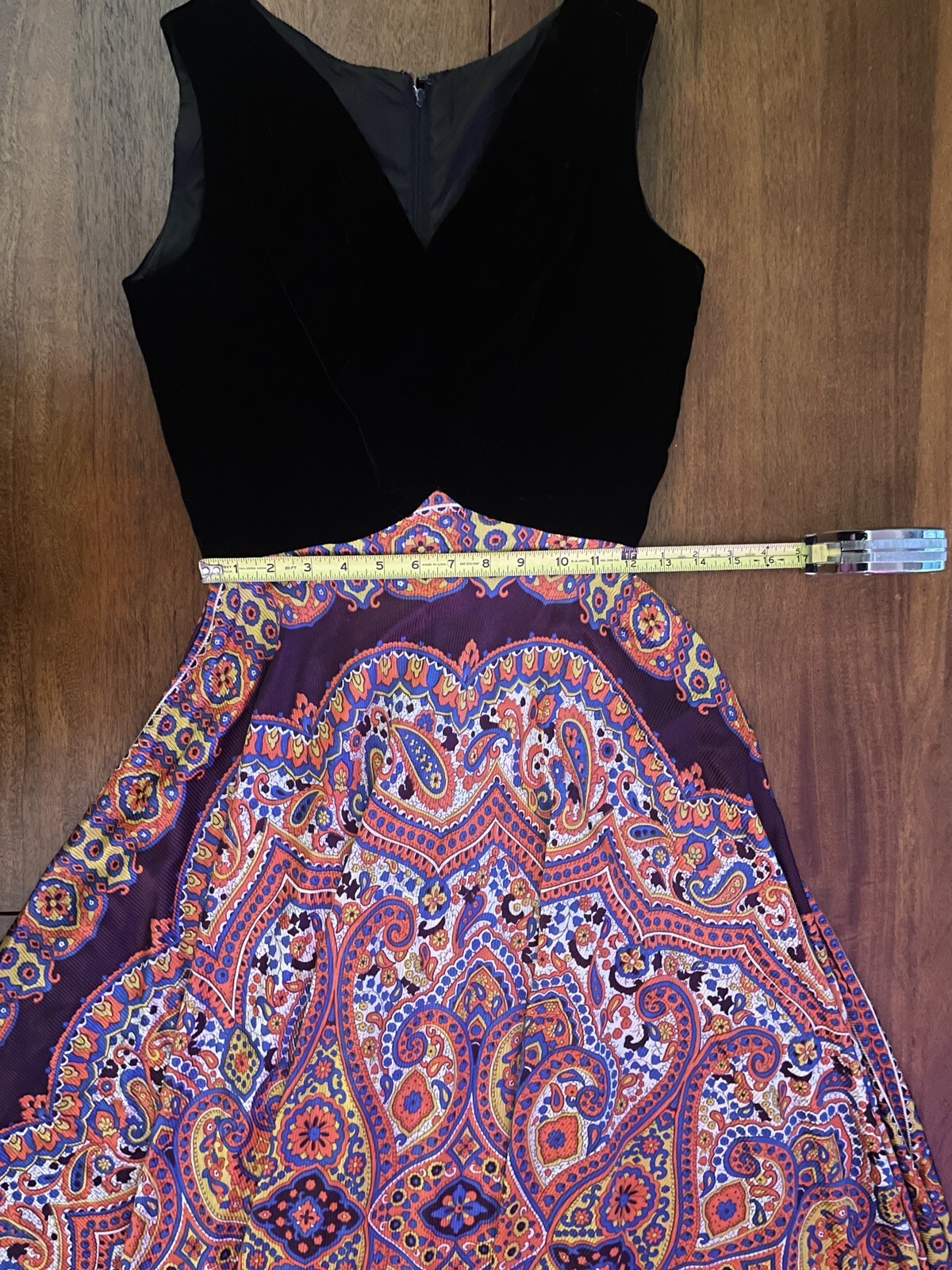 True Vintage 70s Maxi Dress Black Velvet Psychedelic Paisley Groovy XS Handmade
