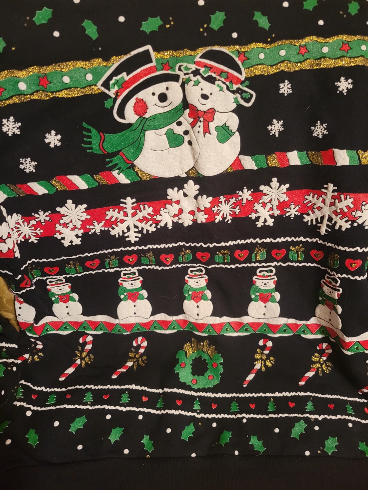 Vtg Holiday Time Sweatshirt Ugly Christmas Sweater Black Puffpaint Snowmen Small