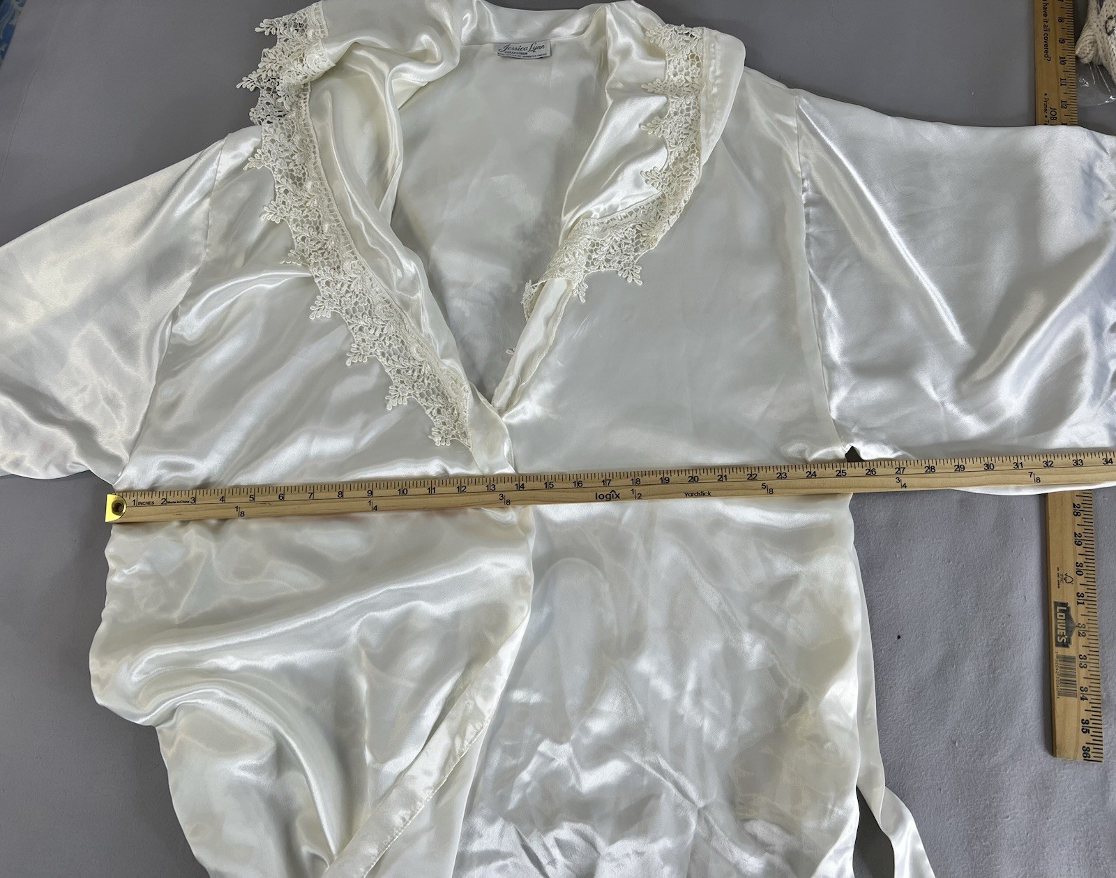 VTG Jessica Lynn Collection Women Set Robe Night Gown Satin L Ivory Chiffon Y2K