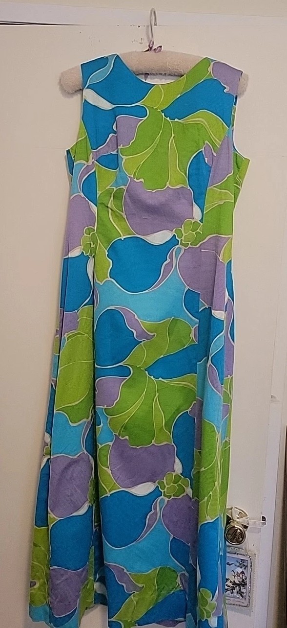 Vintage 90s Norma Maier’s Hawaiian Dress Cotton Med Green Blue Purple