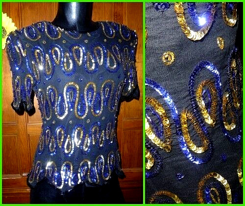 Vtg 80s Gold Royal Blue SEQUINS Embroidery SILK Evening DECO Party Top Blouse PS