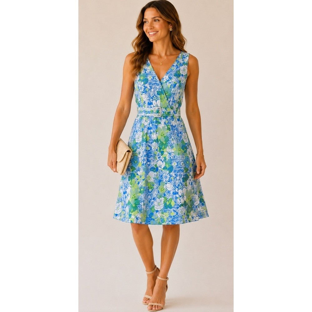 Talbots Floral Midi Dress Blue Green Size 8 Spring Wedding Guest