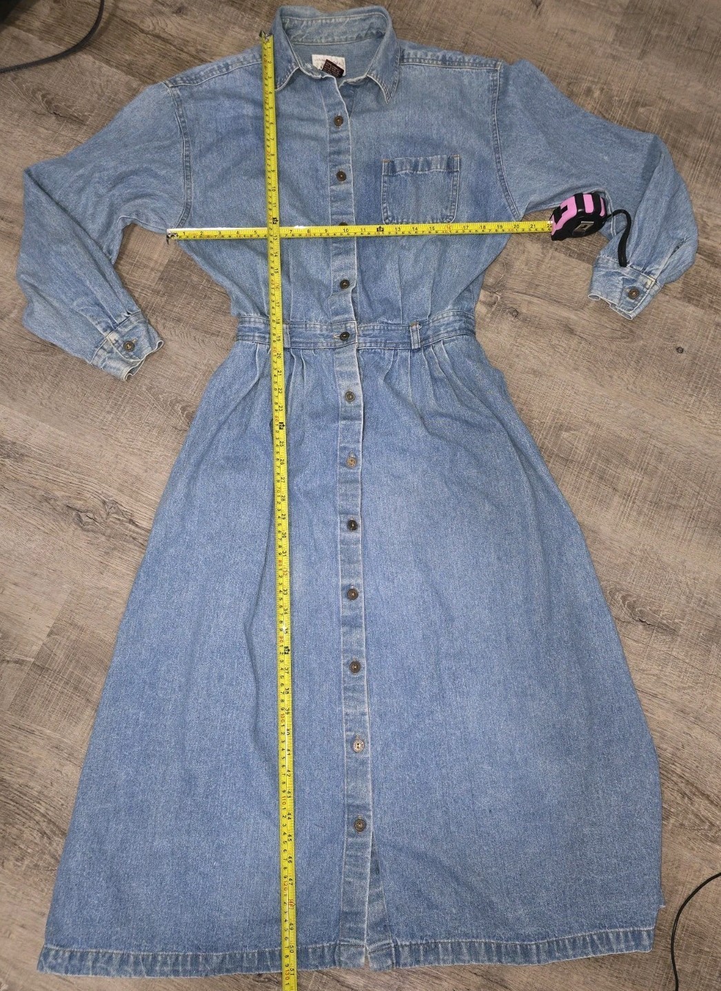 Vintage Susan Bristol Denim Midi Button Front Cinched Waist Long Sleeve Dress S