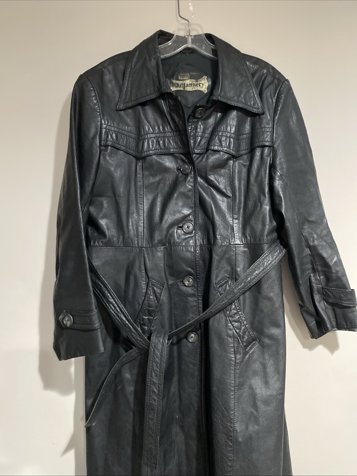 Vtg The Tannery Montgomery Ward Leather Trench Overcoat Black Midi Belted Sz Med