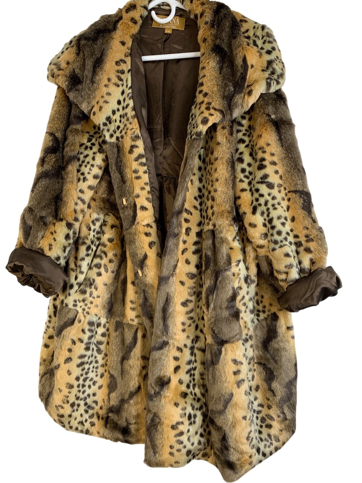 VTG Y2K Donna Vinci Faux Fur Animal Print Swing Coat L/XL A-Line Tiered GUC