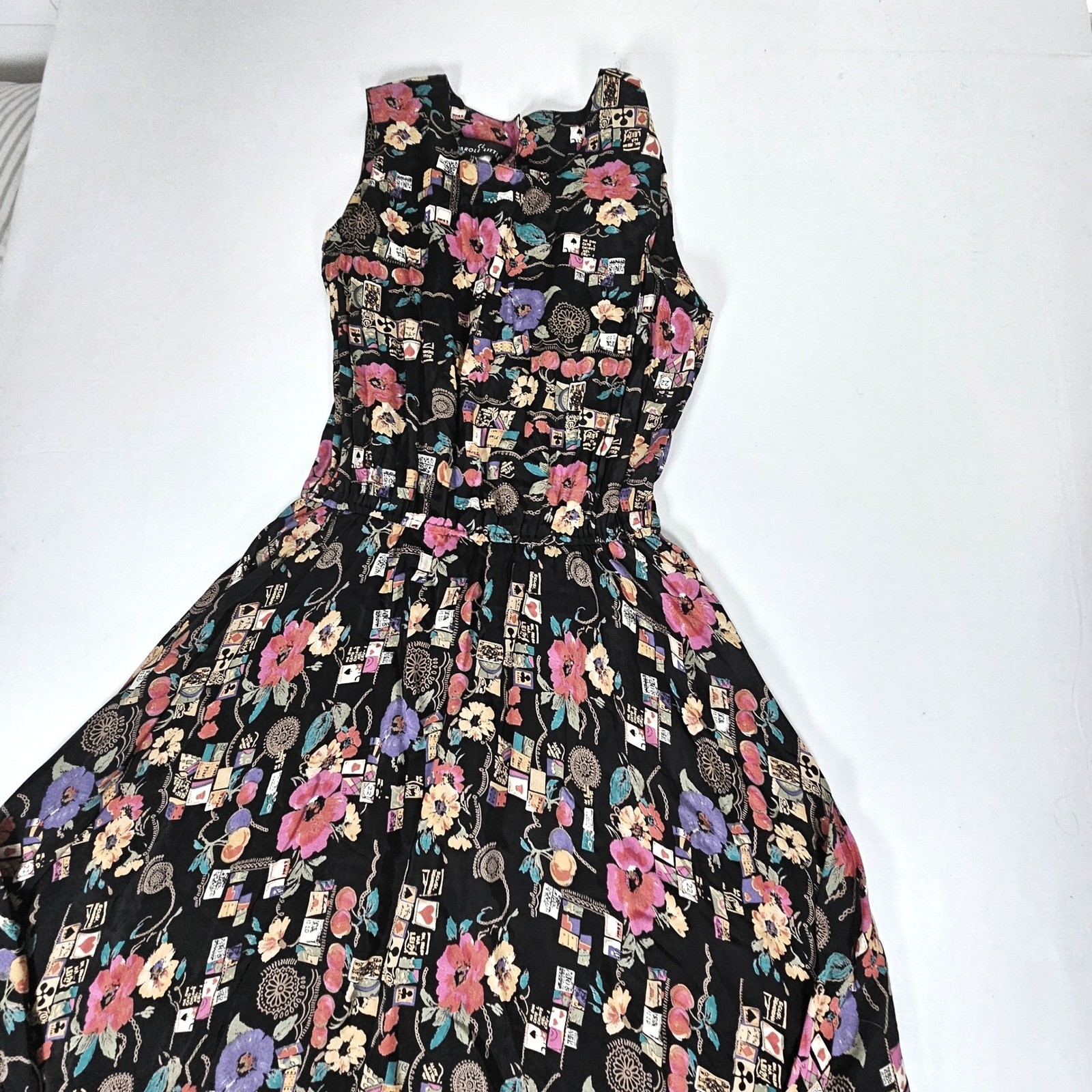 Carole Little Vintage Floral Playing Card Novelty Print Maxi Dress Black Size 14