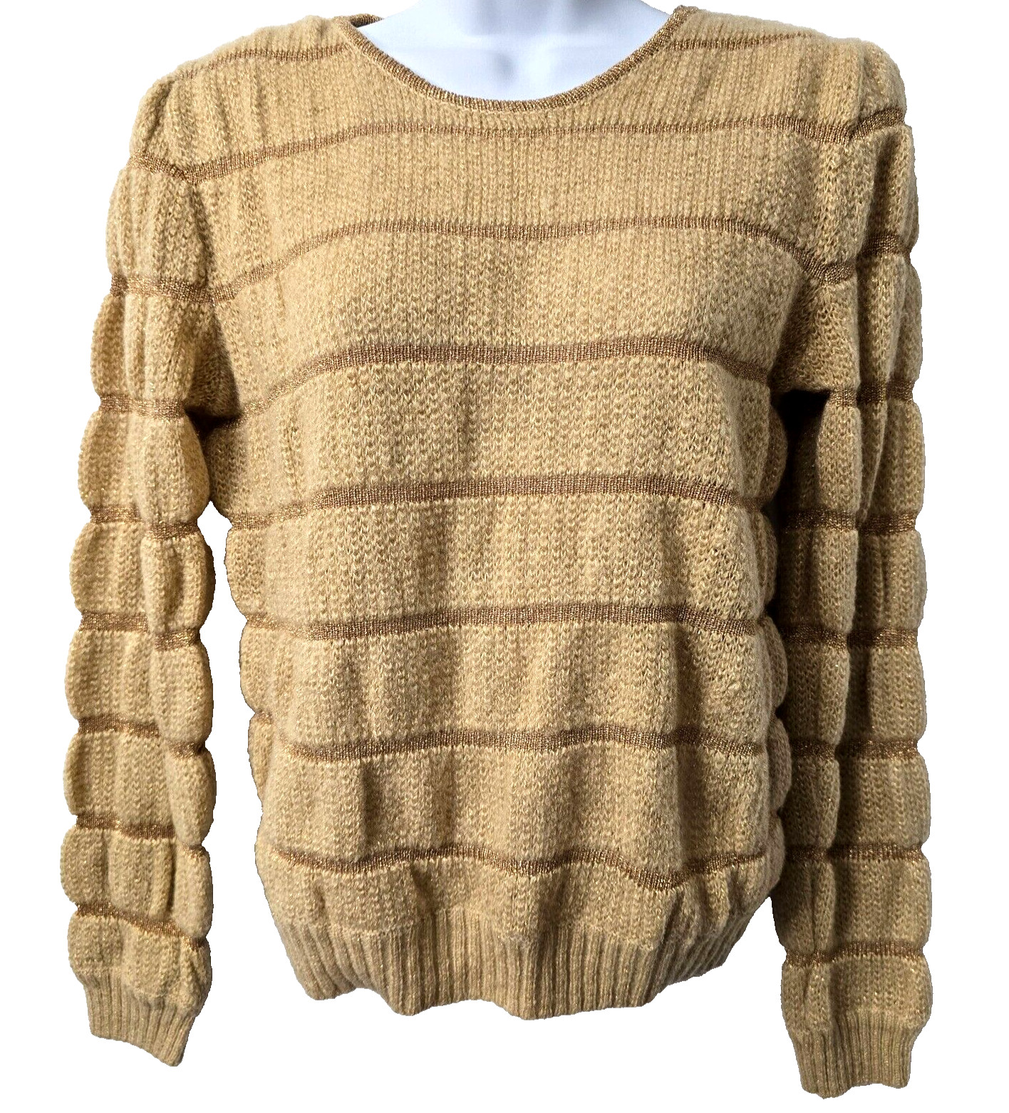 Vintage Wool Blend Knit Sweater S Ribbed Puff Sleeve Gold Sparkle 70s Grandma
