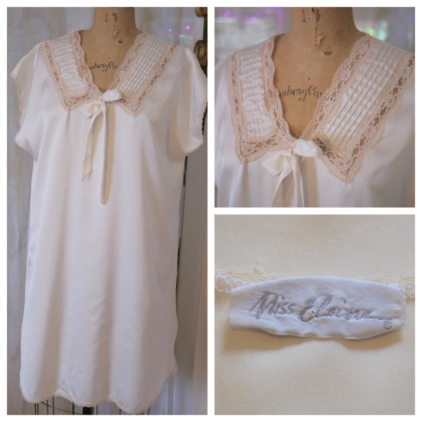 Vintage MISS ELAINE Cream Short Shiny Chemise Babydoll Nightgown Lace M Coquette