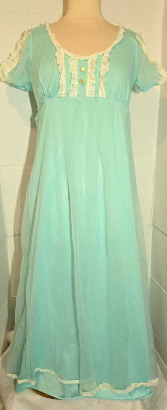 Vintage Nightgown -Full Length – Aqua w/ Lace Accents – Sz S – Empire Waist ’70s