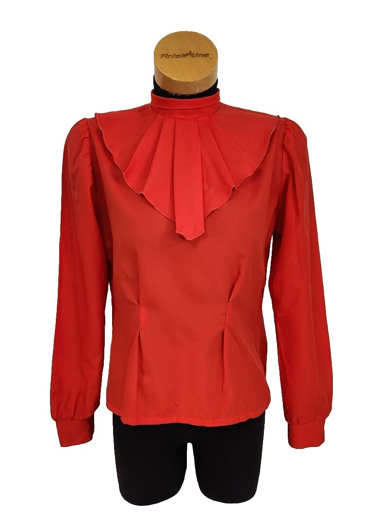 Vtg 70s Rust Red Long Sleeve Blouse Oversized Ruffled Collar Fitted Waist Retro