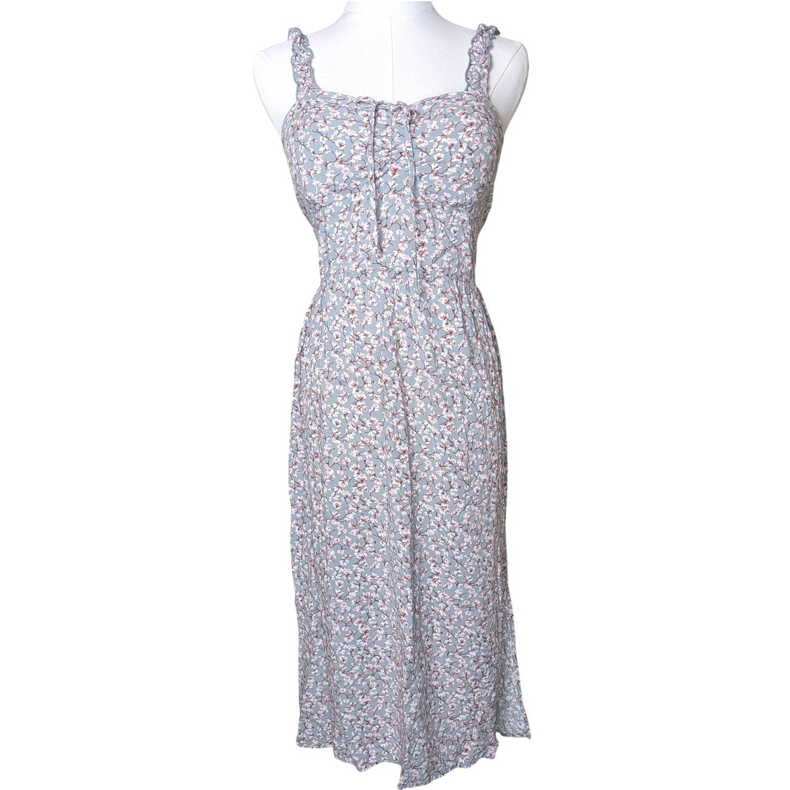 Auluw Floral Midi Dress Blue Gray Pink Sz L (Fits S/M) Cottage Coquette Milkmaid