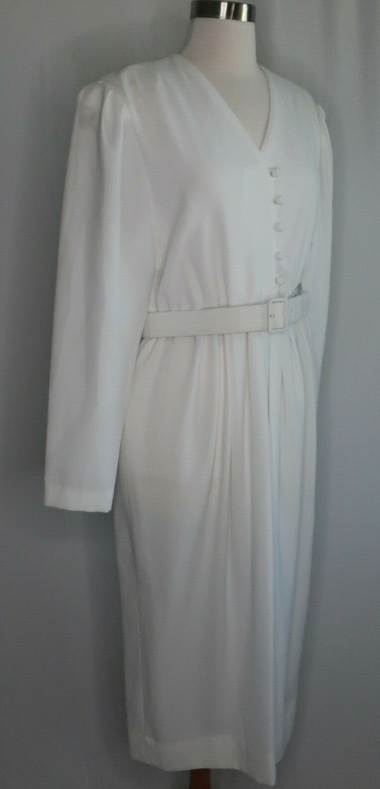 VTG 60s 70s Henry Lee ILGWU Solid White Career Secretary Geek Belted Dress Sz 14