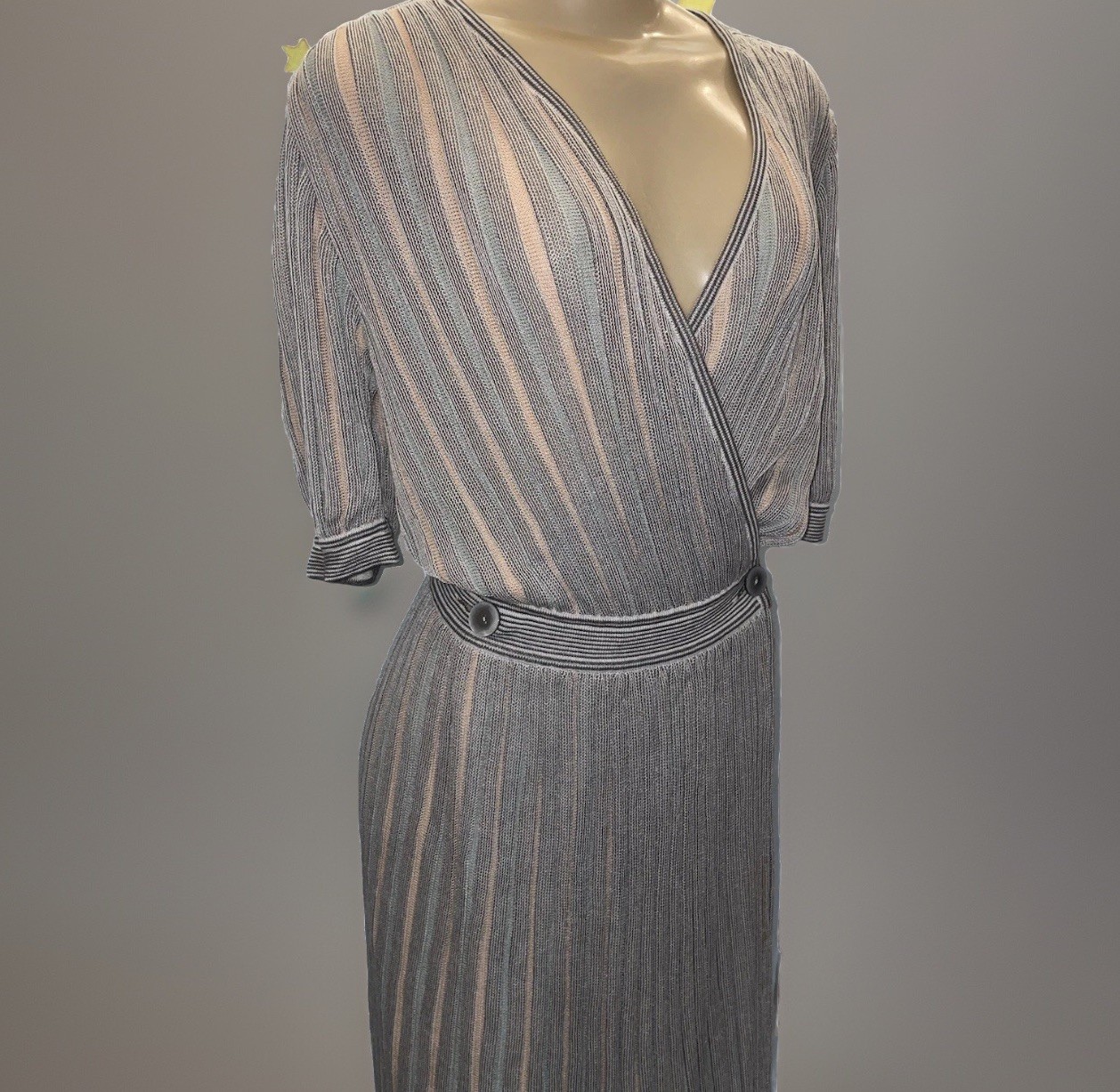 Vintage 1970s Albert Nipon Italy Knit Wrap Dress Short Sleeve Pleated Duster 6