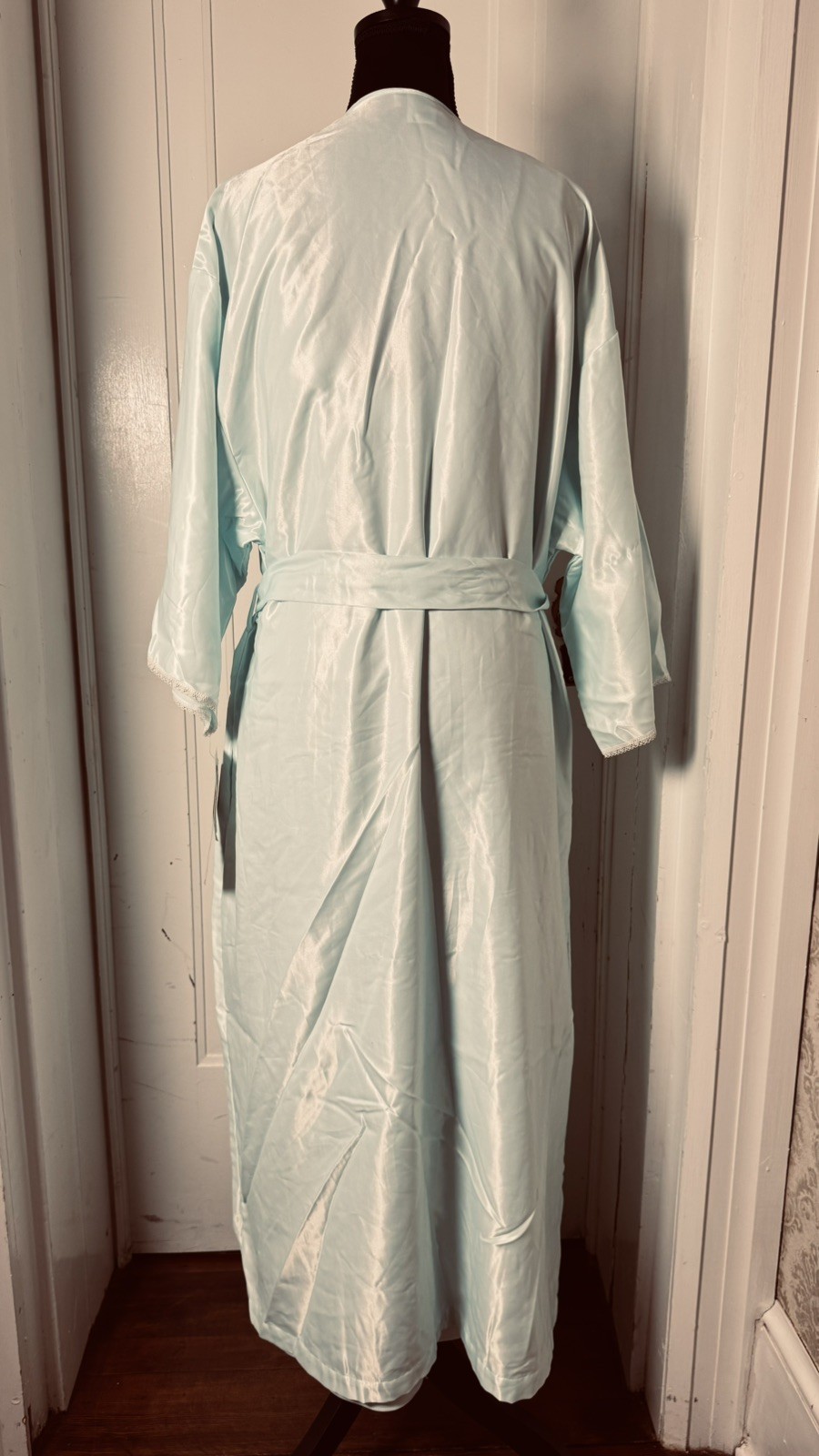 Vintage Barbizon Aqua Robe & Nightgown Set NWT Large Satin Lace Trim 80s Boudoir