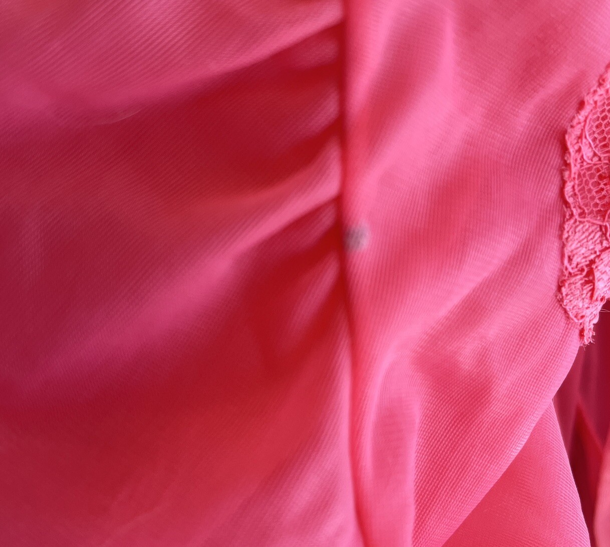 60s Vtg Pale Red Sheer Nylon MIDI Robe Chiffon & Lace Boudoir Lingerie Sexy