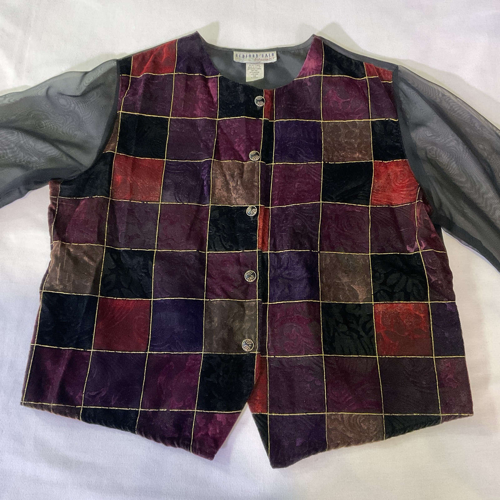 Vtg 90’s Bedford Fair Multicolor Velvet Patchwork Blouse Sheer Sleeves Sz 16P