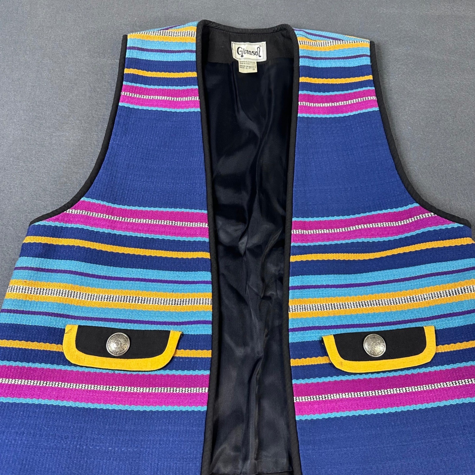 Girasol Vintage Mexican Woven Cotton Striped Vest Blue Purple Yellow Womens L