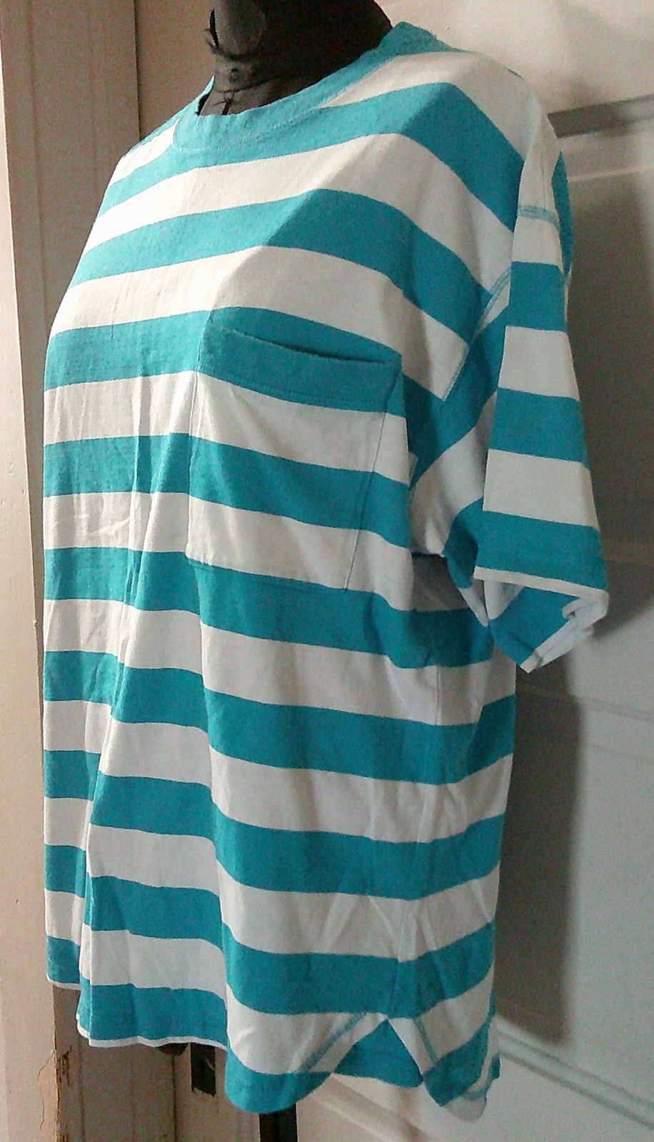 80’s PACER SS Turquoise Stripe Pocket T-Shirt Top Blouse M