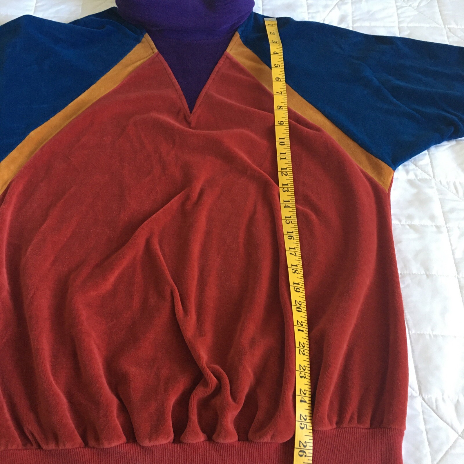 Hippie 80’s Woman’s Velour Tunic Pullover, Turtleneck, Long Sleeve, Color Block