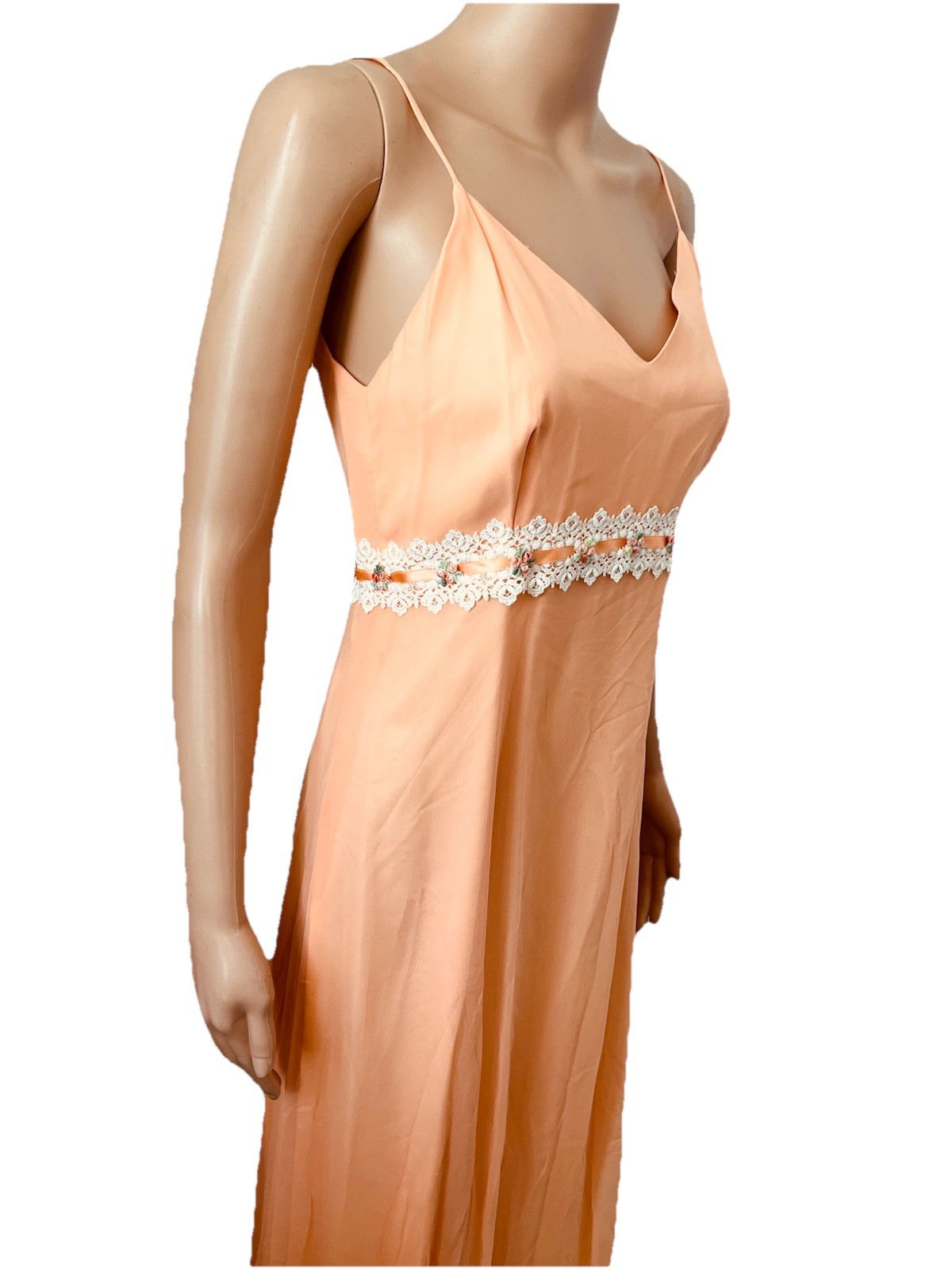 VTG 60s Peach Chiffon Maxi Dress Capelet Floral Lace Ribbon Trim Hemline Damage