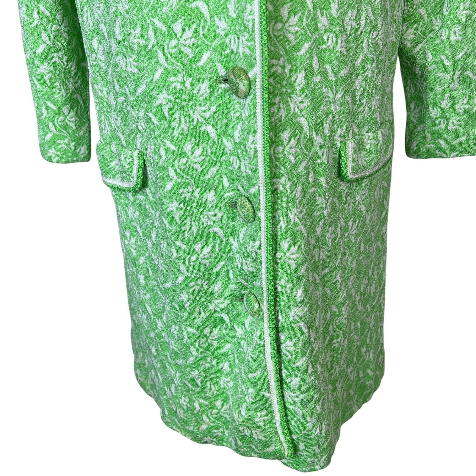 Vintage 60s Green Floral Jacquard Jacket 3/4 Sleeve Mid Century MCM Small 34