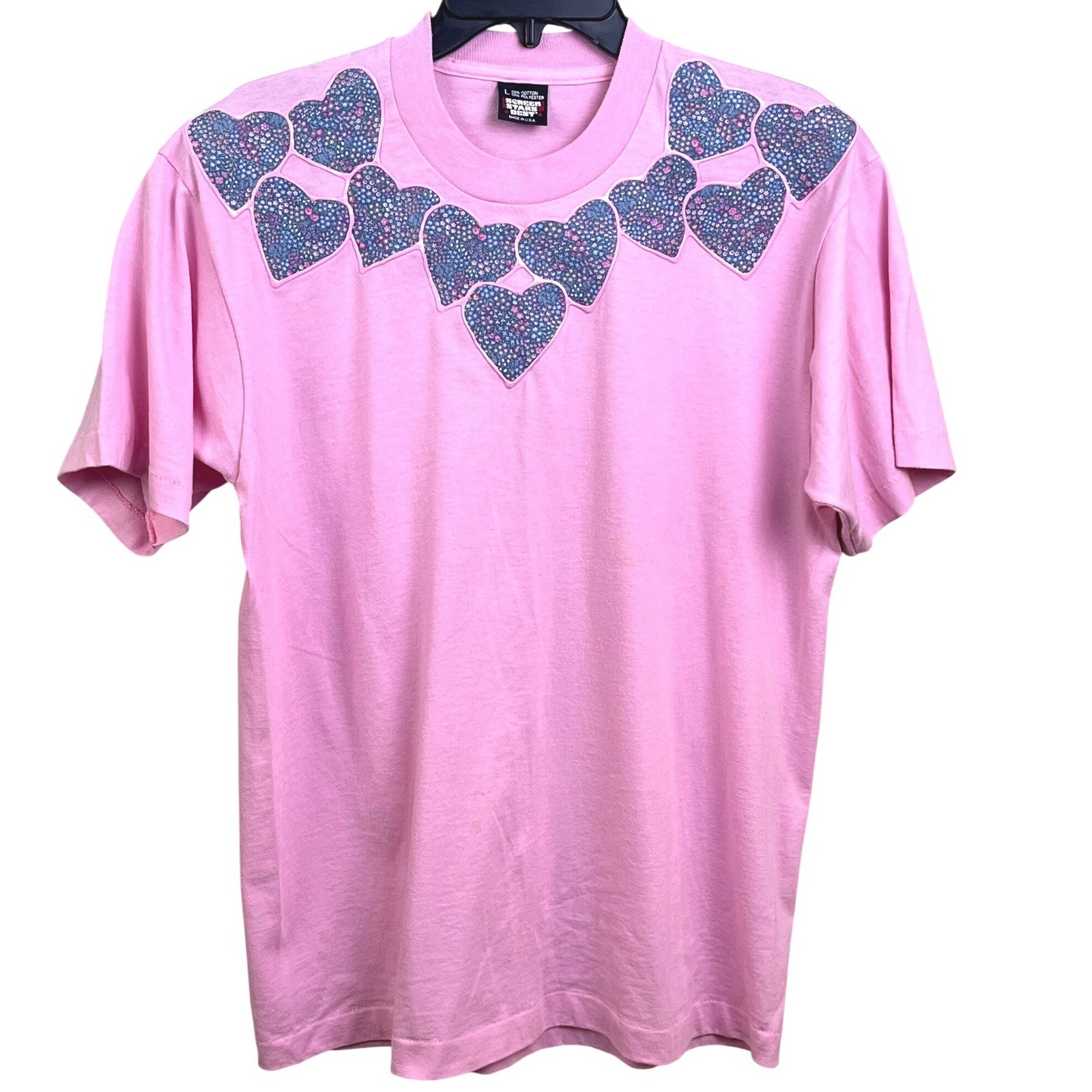 VTG Screen Stars Best Single Stitch Puff Paint Blue Hearts Short Sleeve Large