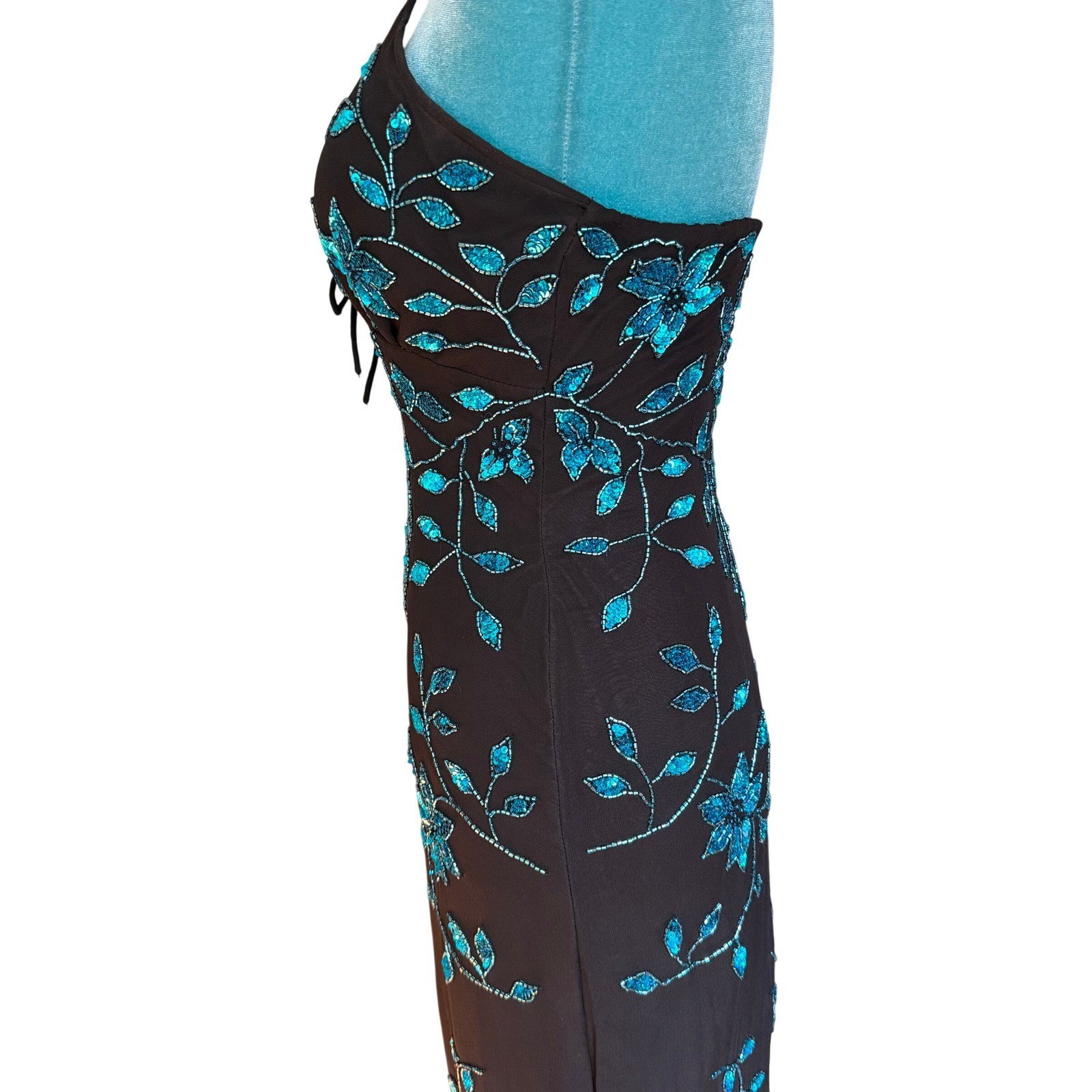 Cache Womens Silk Halter Maxi Black Teal Sequin Beaded Prom Fairy