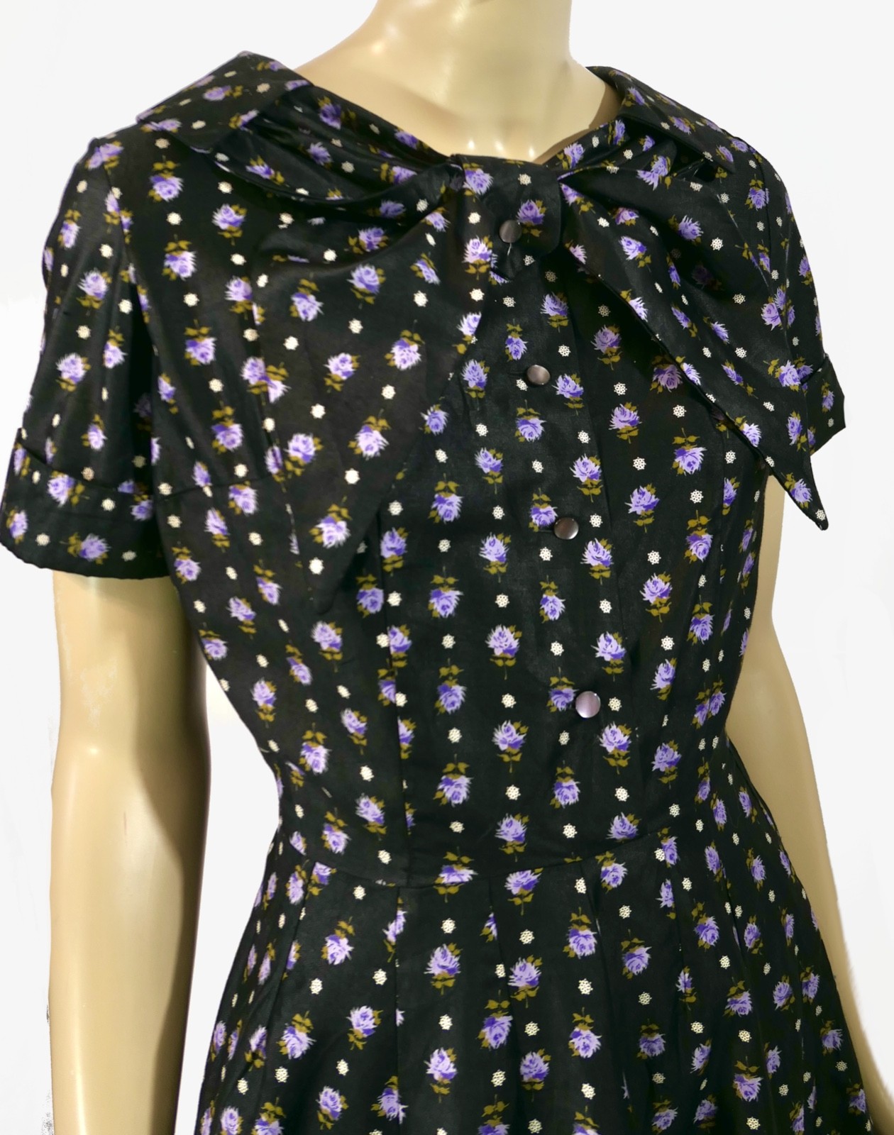 Vintage 50s Rockabilly Handmade Black Lavender Cotton Ascot Dress A Line Full M