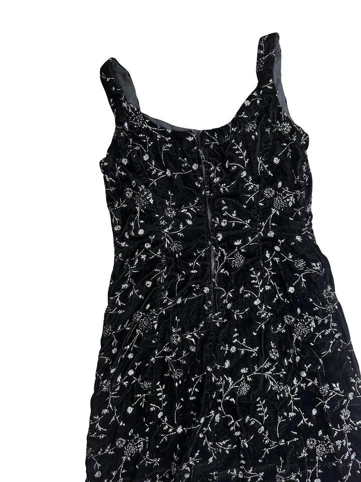 Vintage Handmade Black Velvet Embroidered Midi Dress
