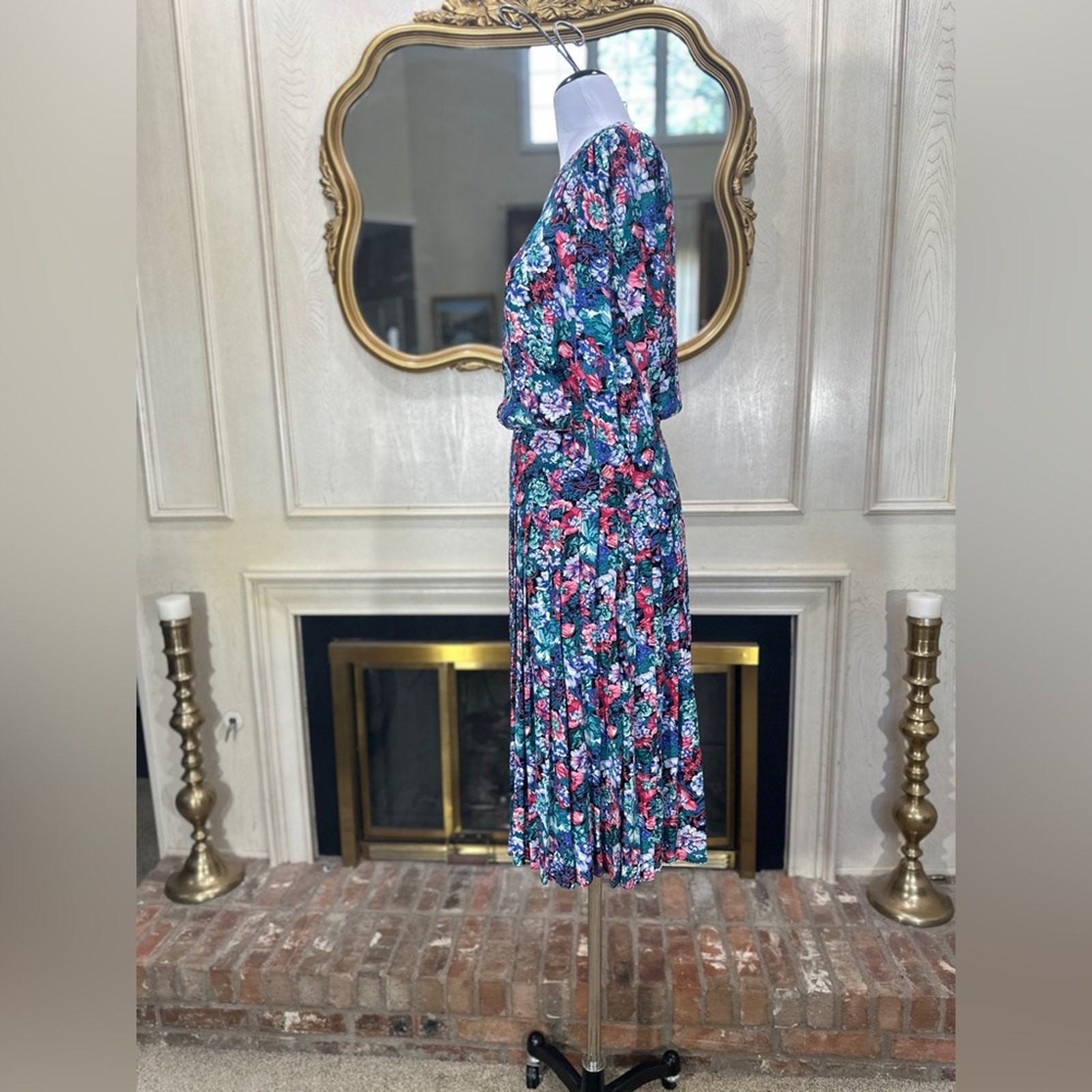 Vintage Karin Stevens Petites Floral Pleated Midi Dress Size 8 | Made in USA