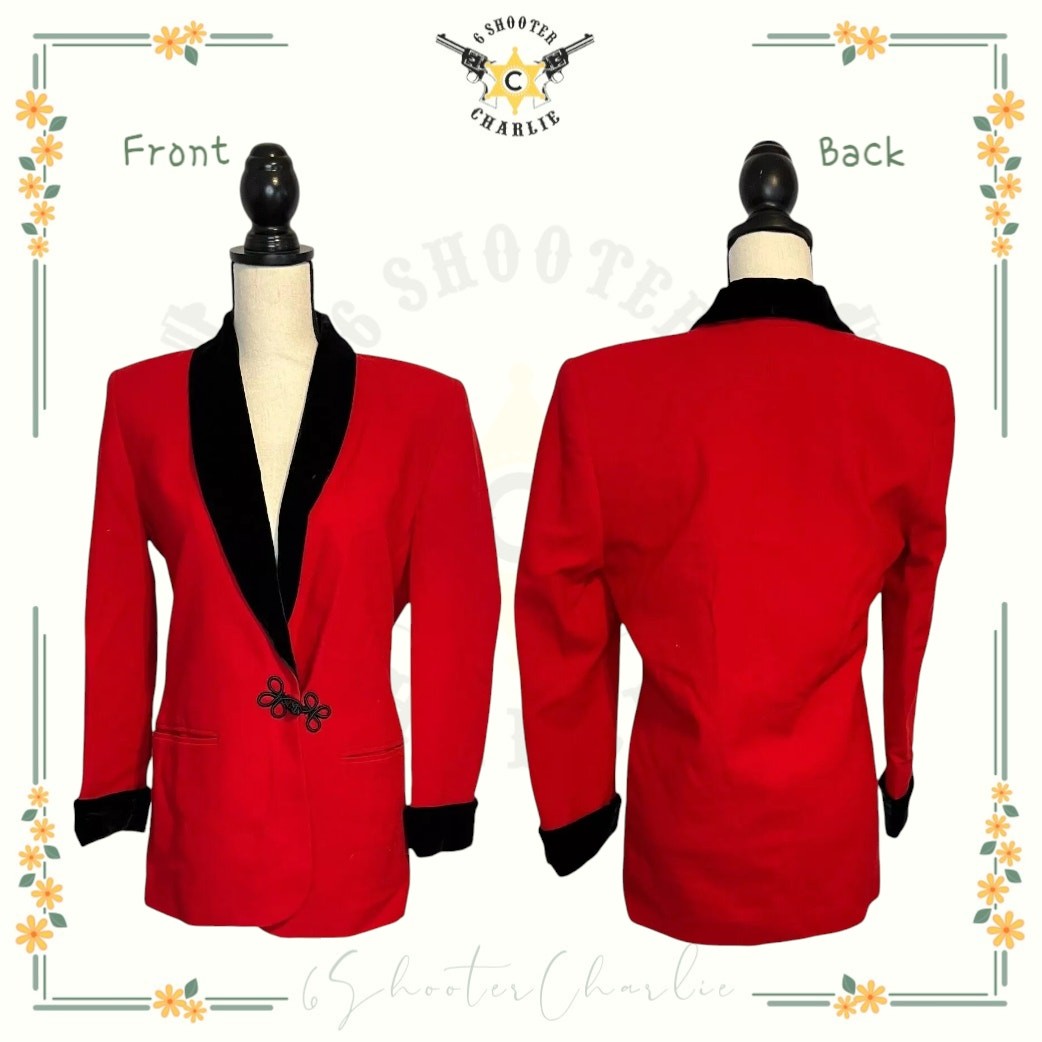 Vintage Valerie Stevens Red Wool Blazer Womens 2 Black Velvet Trim Jacket