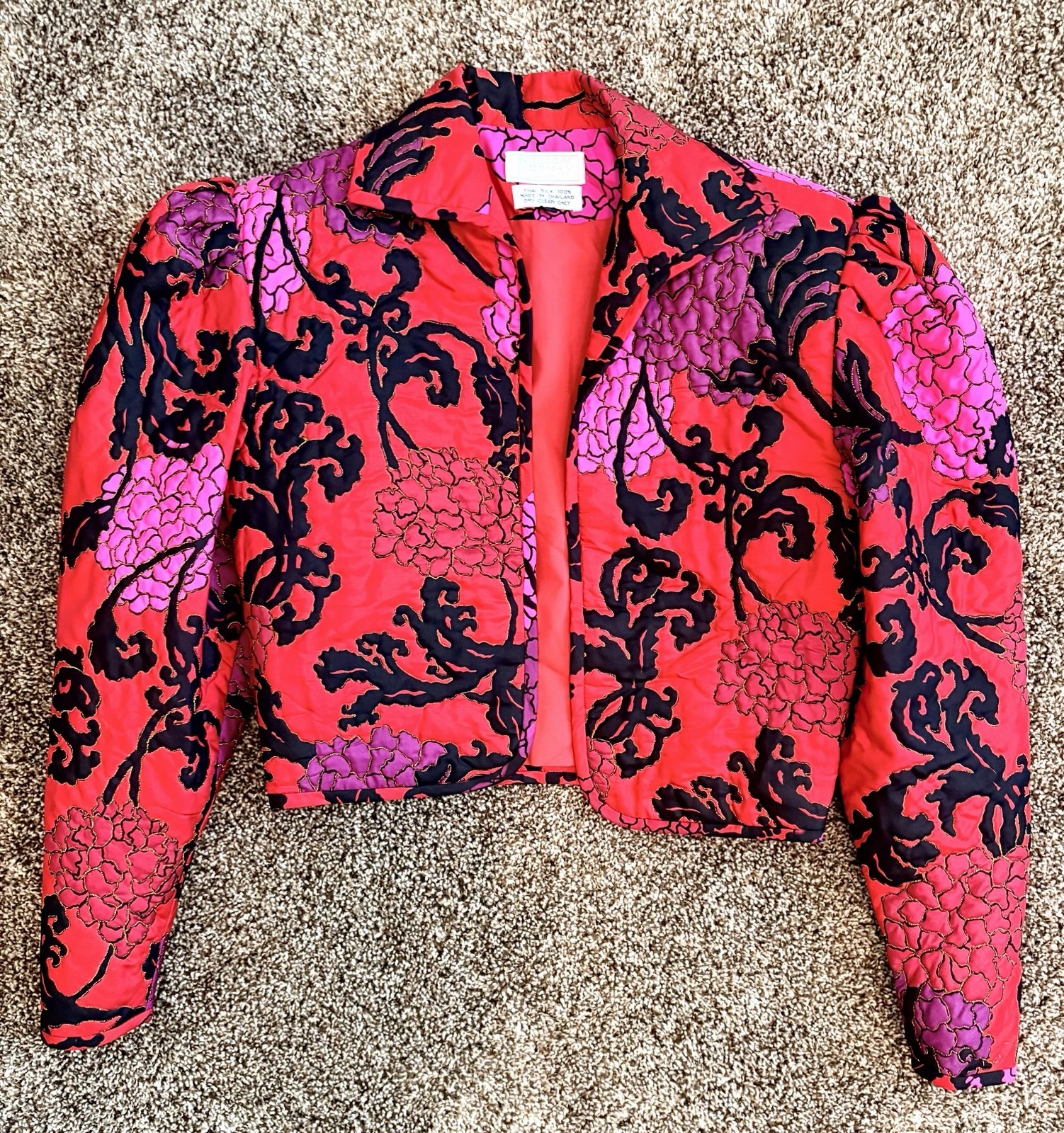 VTG 80S SILK QUILTED FLORAL BERGDORF GOODMAN CROPPED BOLERO JACKET