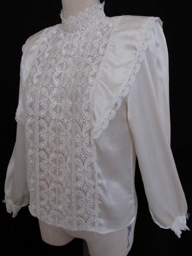 Vintage 80s 90s San Andre Ivory Romantic Blouse 6 S Lace Silky Liquid Satin