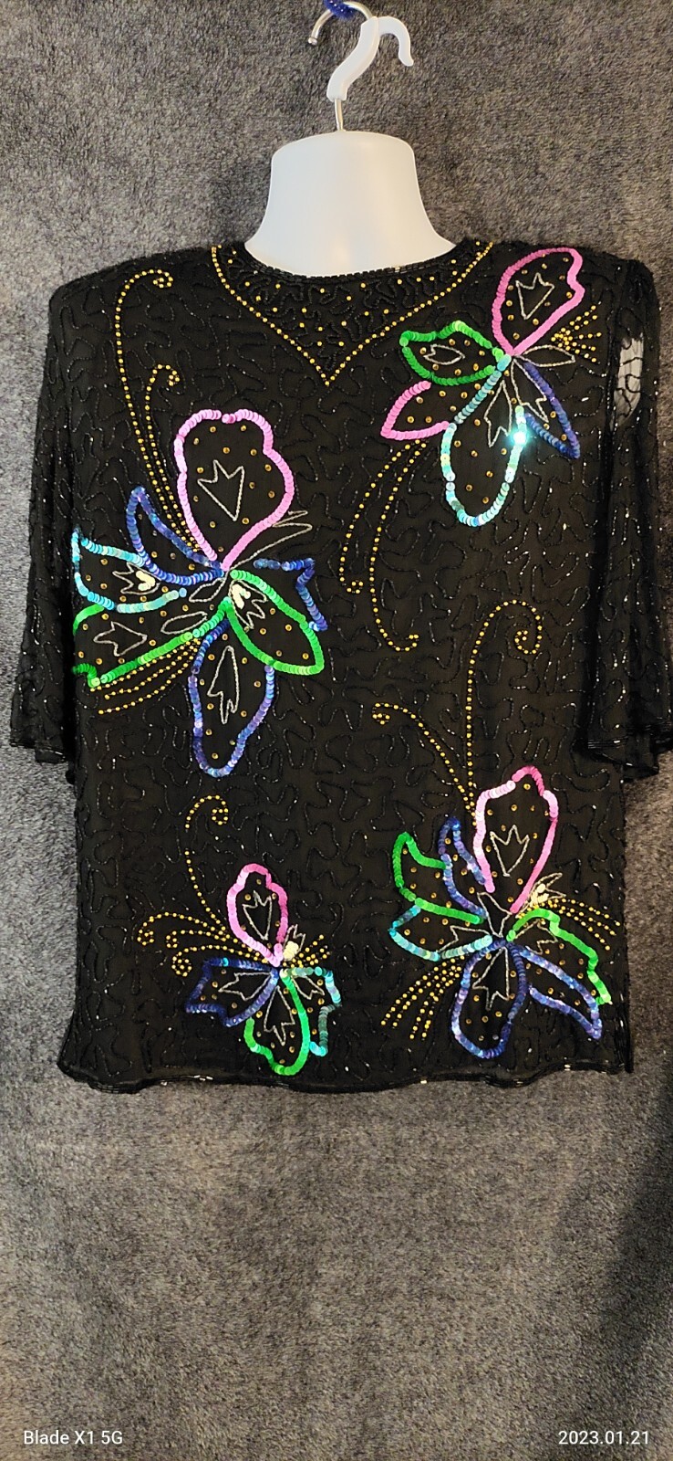 VTG Beautiful Black Beaded Embroidery w/ multi color Shimmering flower Blouse Lg