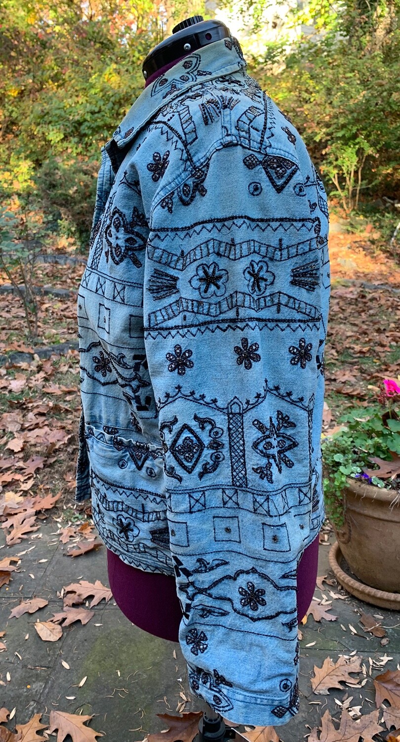 Woman’s Light Blue Denim Jacket with Beads and Embroidery XXL