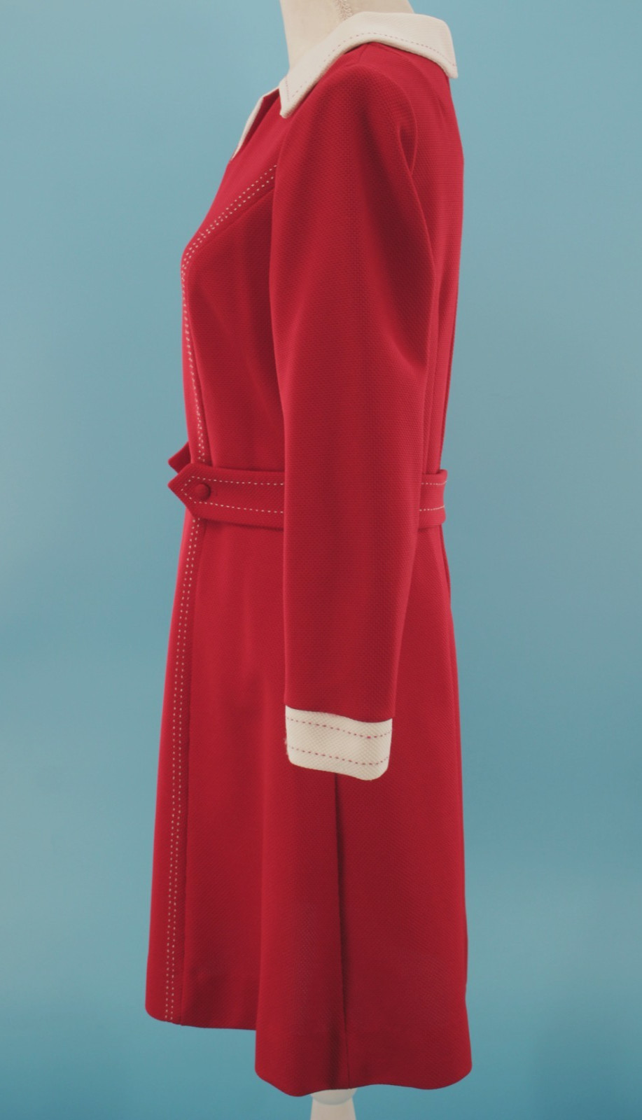 VTG Womens 60s Dark Red Long Sleeve Mini Dress W/ White Collar & Cuffs S/M 1960s
