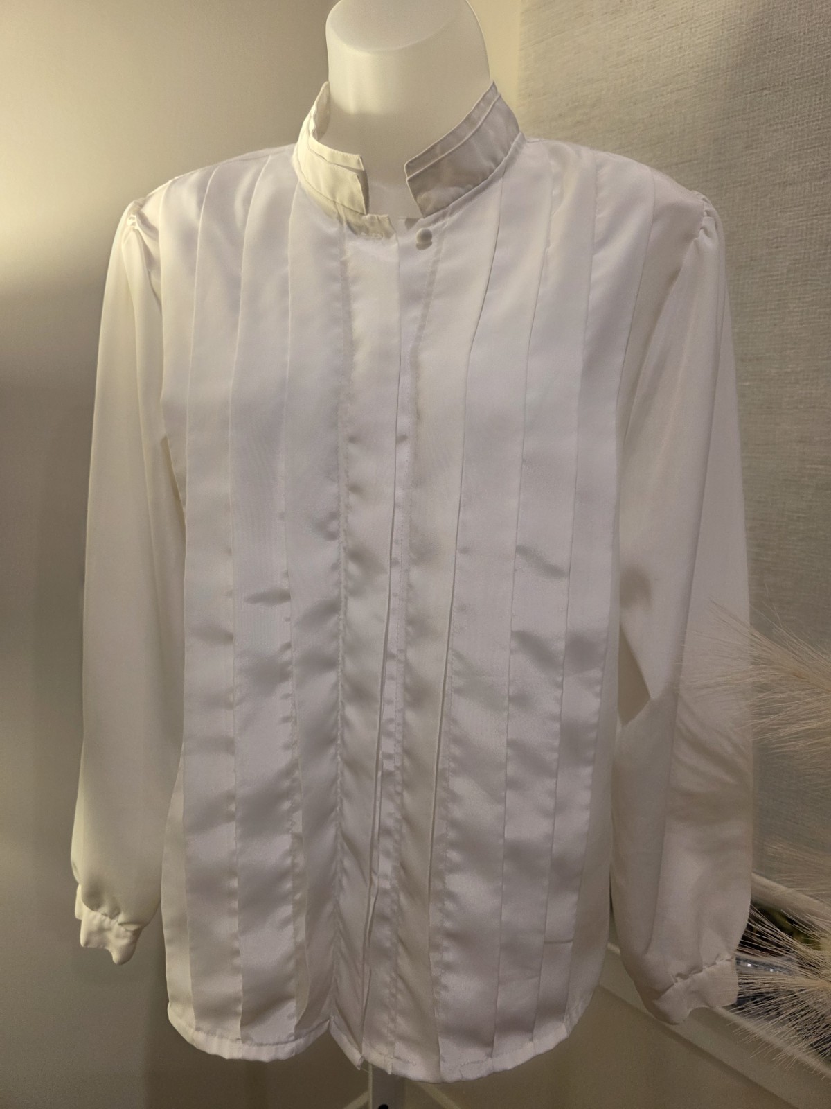 VTG Satin White High Collar Tuxedo Style Victorian Look Blouse Sz. 12