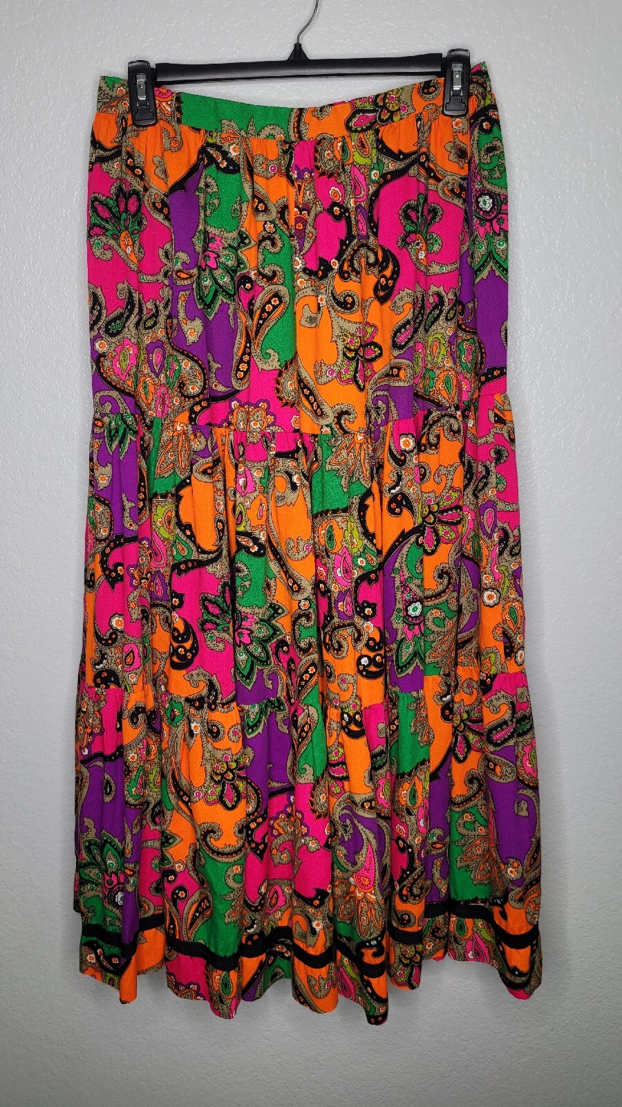 Vintage 1970s Paisley Skirt Women’s Large Neon Boho Hippie Festival Knee Length