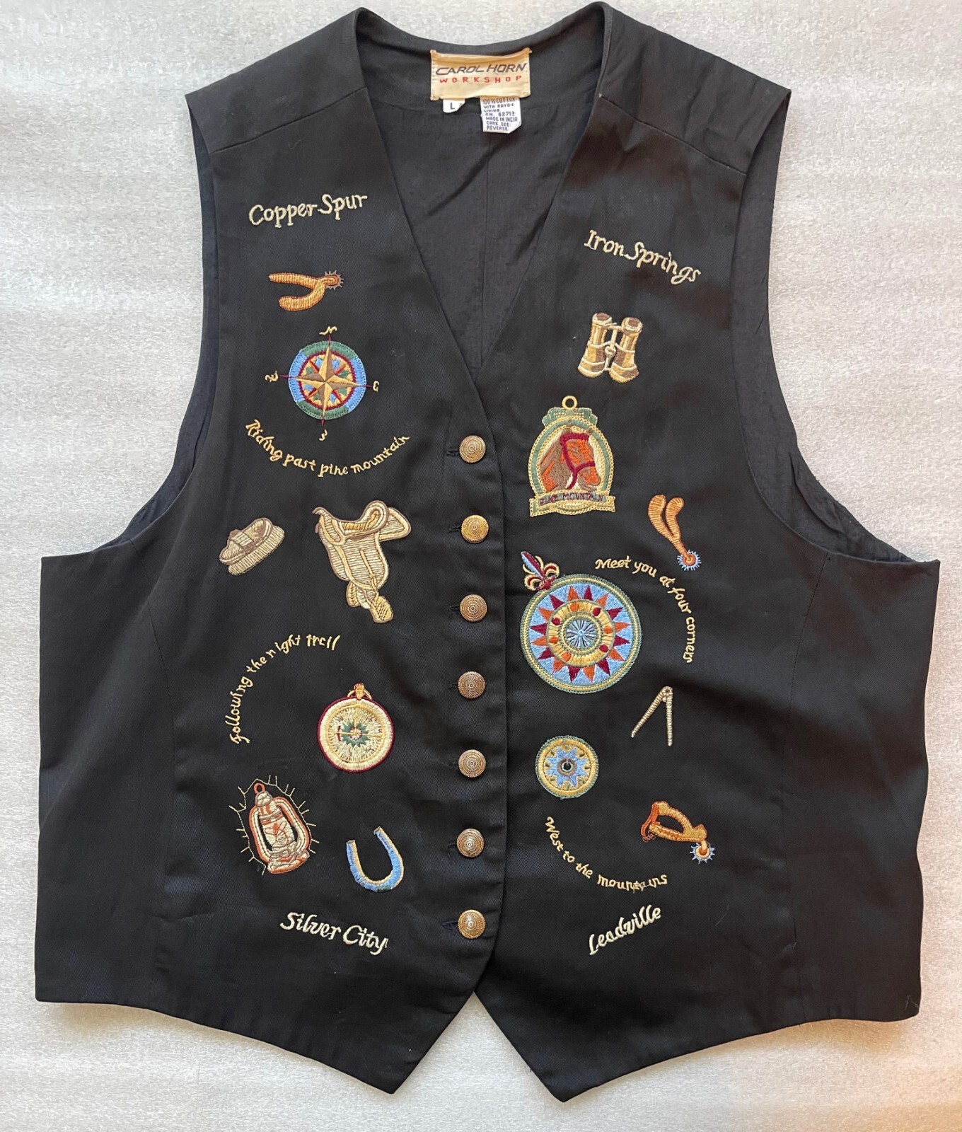 VINTAGE CAROL HORN WORKSHOP, WOMEN’S L, BLACK WESTERN HORSE THEME COTTON VEST