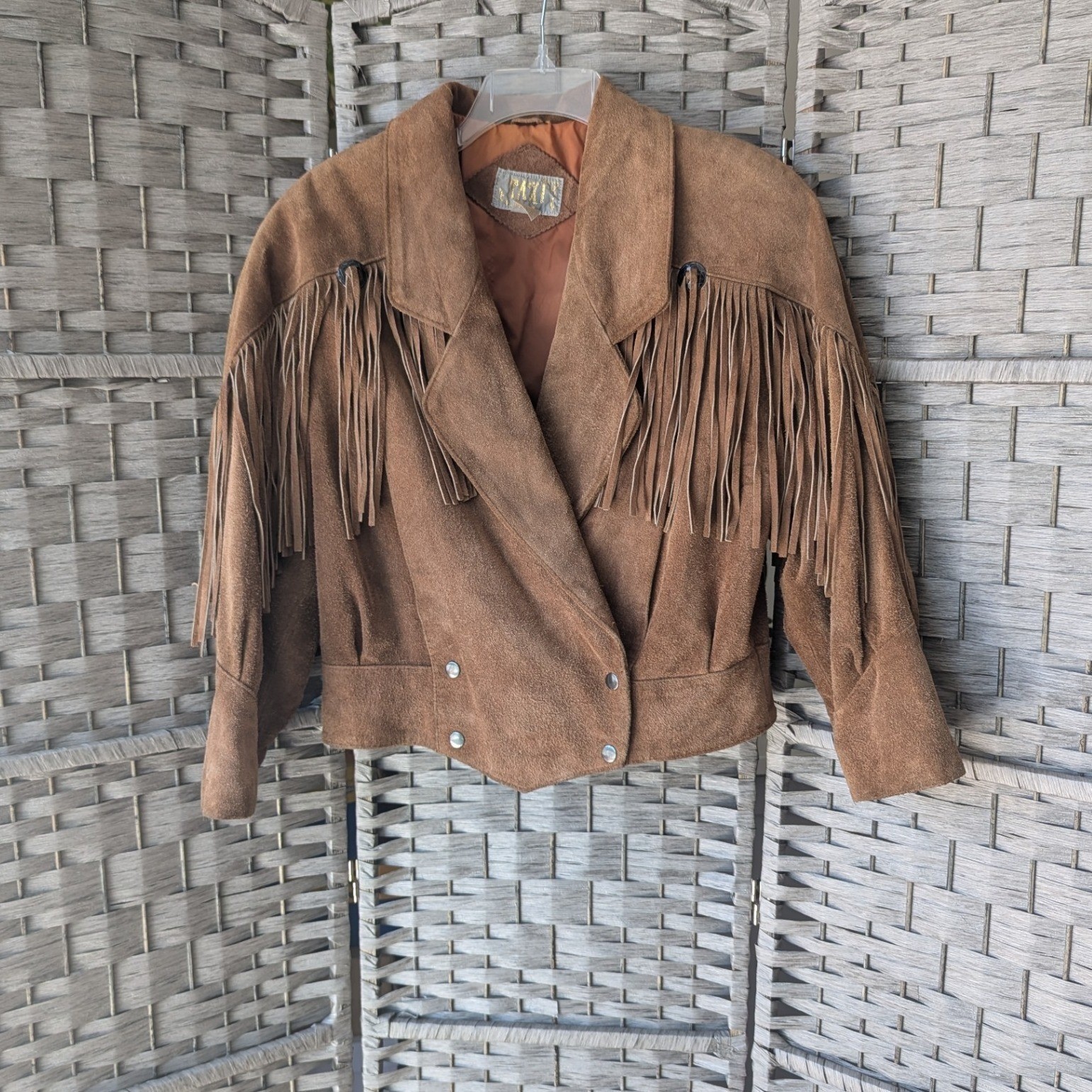 Vtg 80s Taxi Jacket Brown Camel Suede Fringe Western Cropped Womens S Boxy Fit