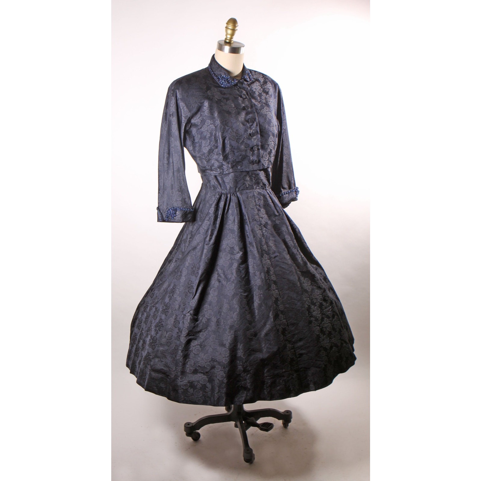 1950s Dark Navy Blue Floral Short Sleeve Dress with Matching Beaded Jacket