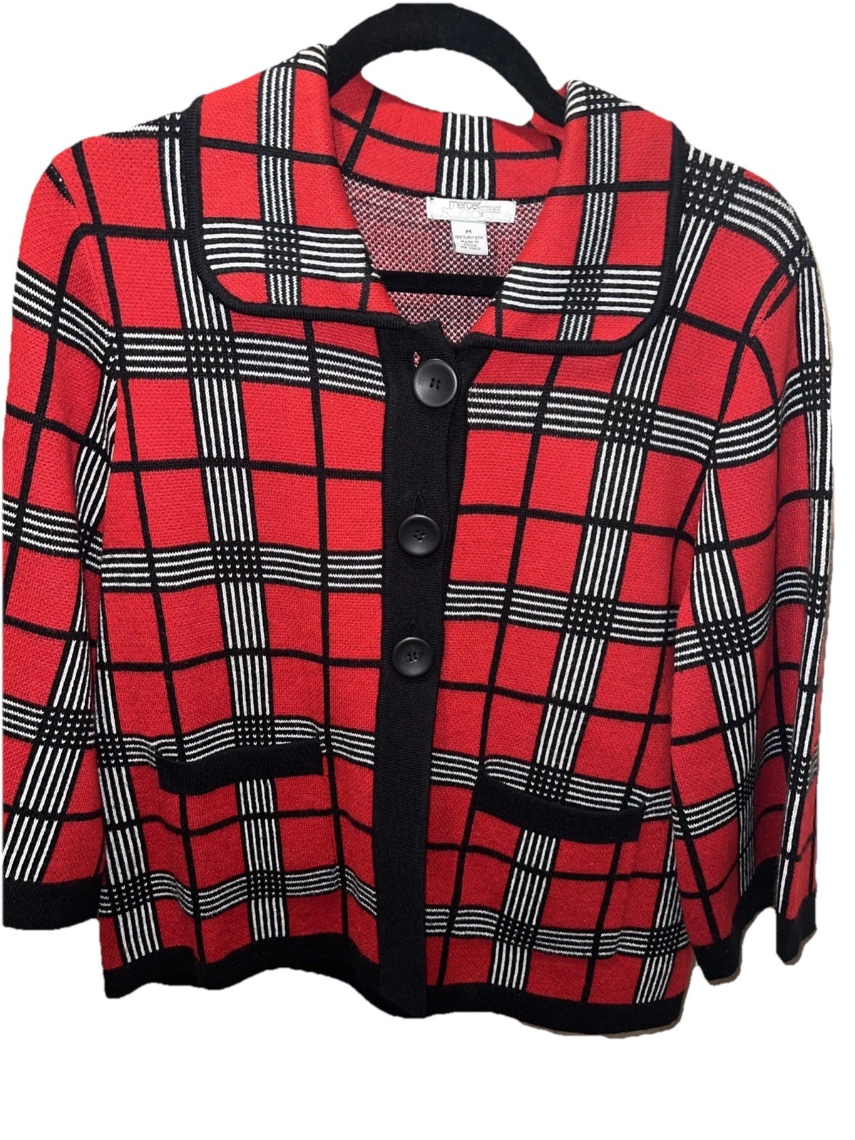 MERCER STREET STUDIO Red Black Button Jacket Acrylic Med