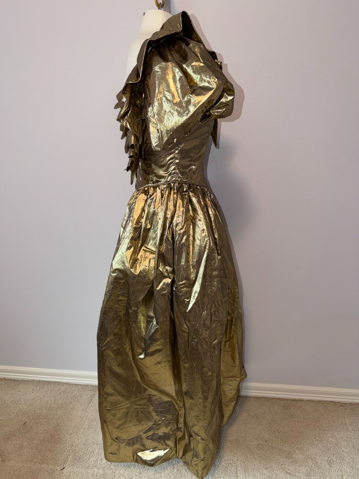 Vintage 80s Gold Lame Prom Dress S M Puff Sleeve Metallic Liquid Gold Ball Gown