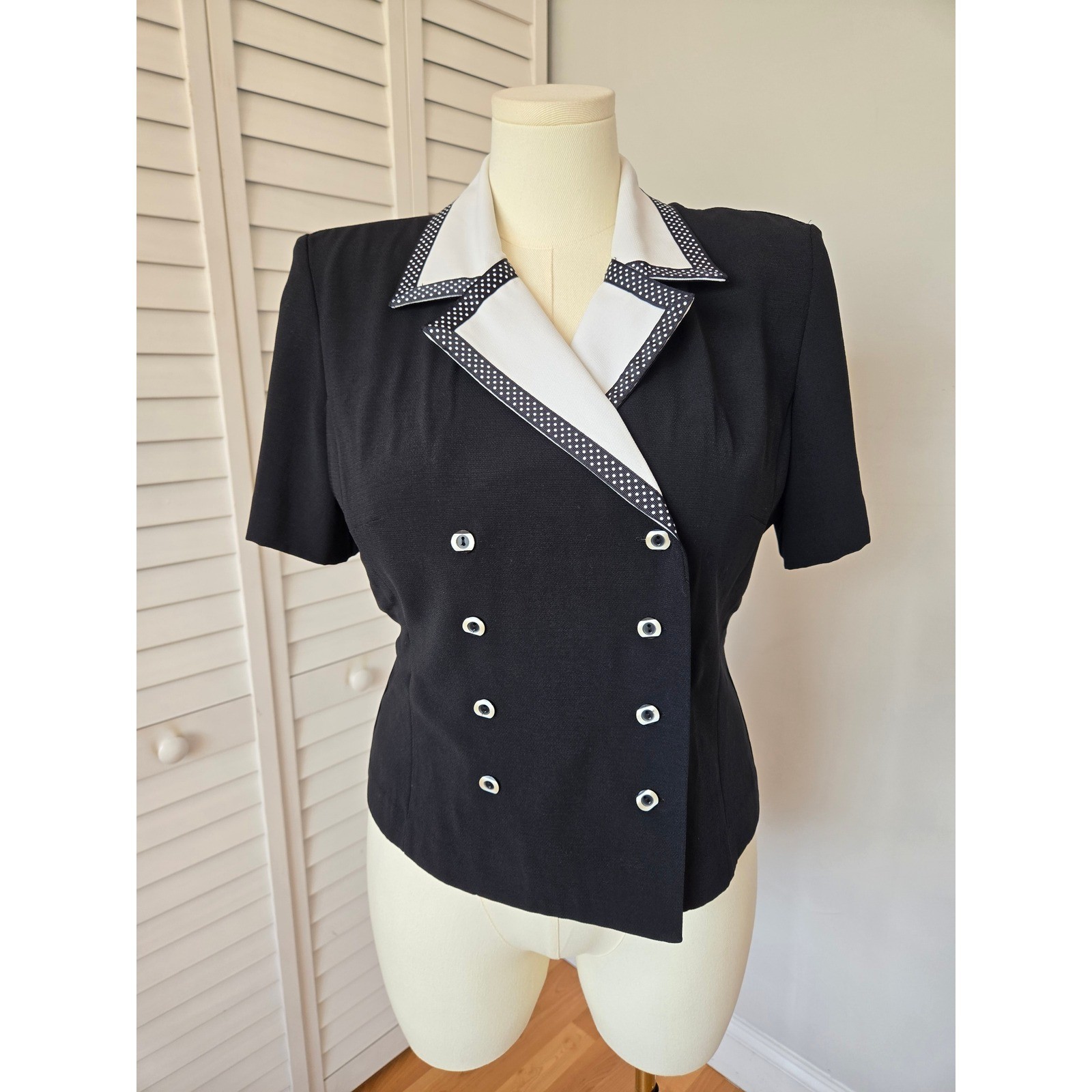 Studio I Black White Polka Dot Trim Blazer Top Sz 12 80s Vtg Retro Office Siren