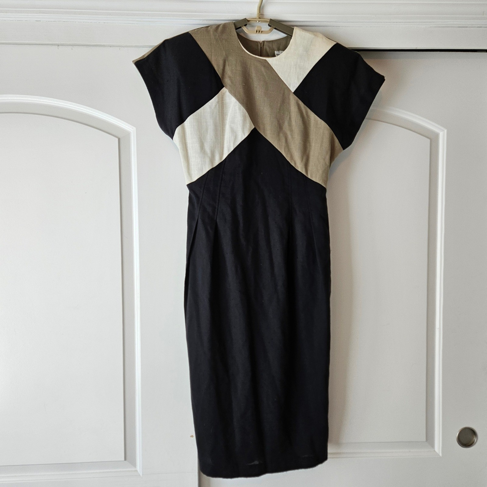 Vintage Sunshine Starshine Sheath Dresss Womens 10 Colorblock Black Tan White