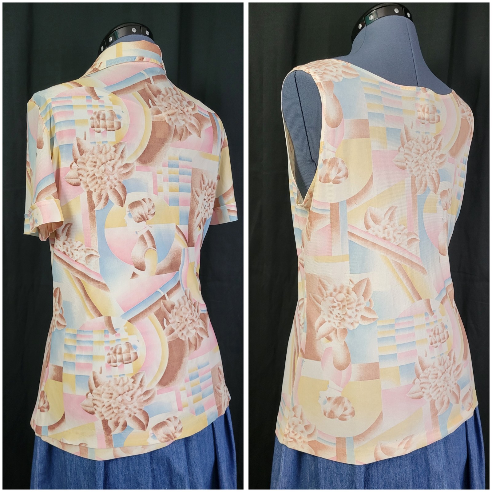 Vintage Shell & Button Down Top Set in Pastel Pink/Blue/Cream/Tan Size 15/16